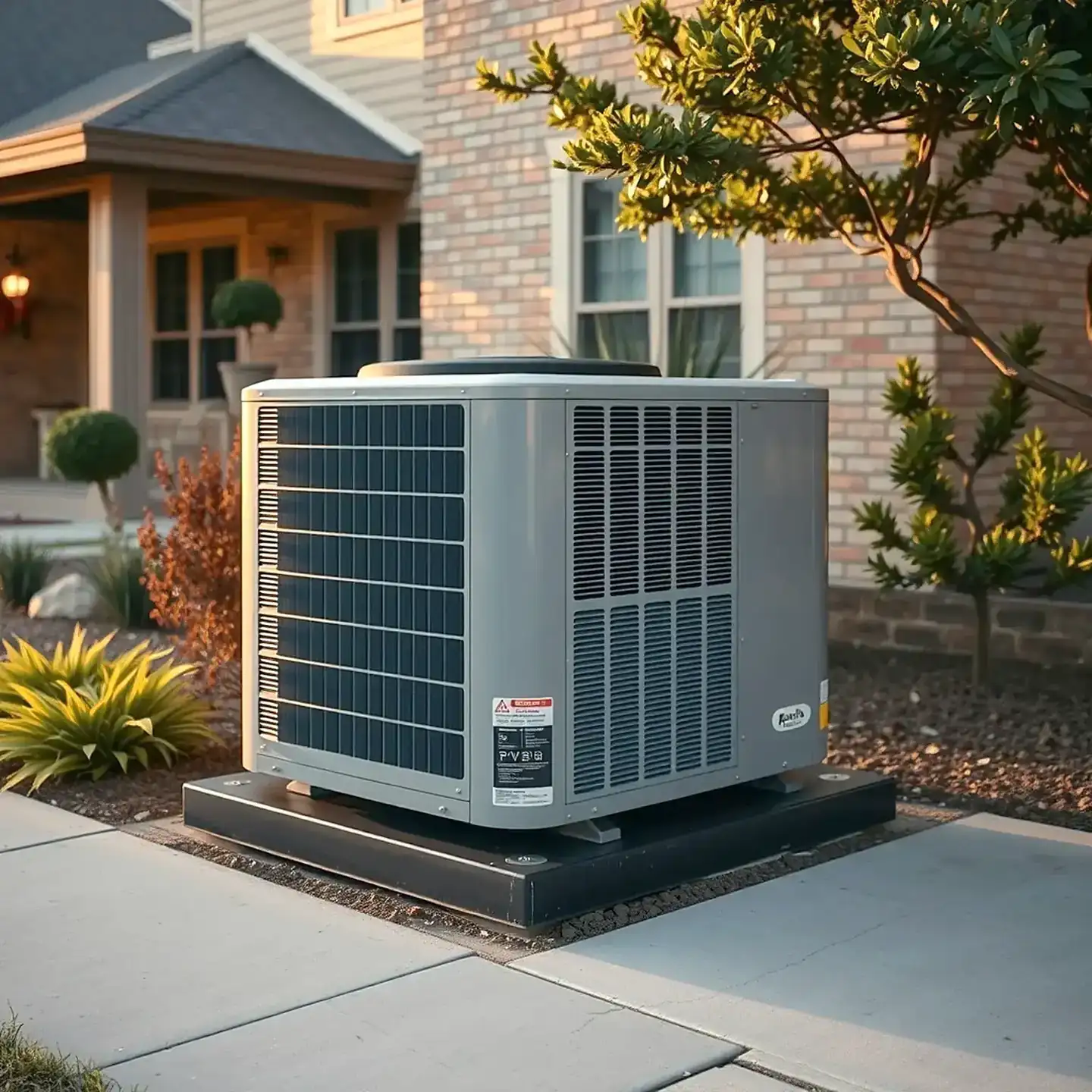 A heat pump unit installed beside a suburban Texas home in evening light