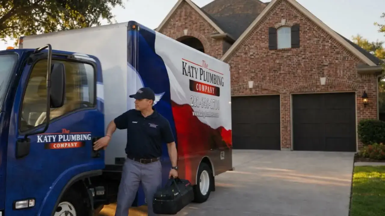 A Katy Plumbing Company technician arriving at a Katy home, tool bag in hand